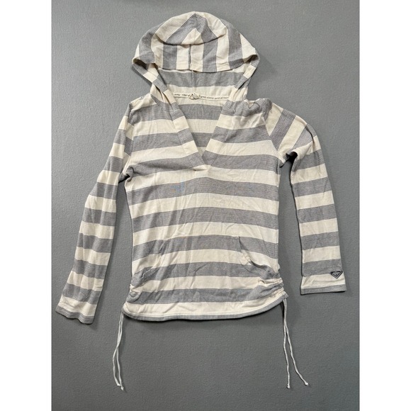 Roxy Tops - Roxy White Gray Stripe Lightweight Long Sleeve Hoodie‎ Sweatshirt Women Medium